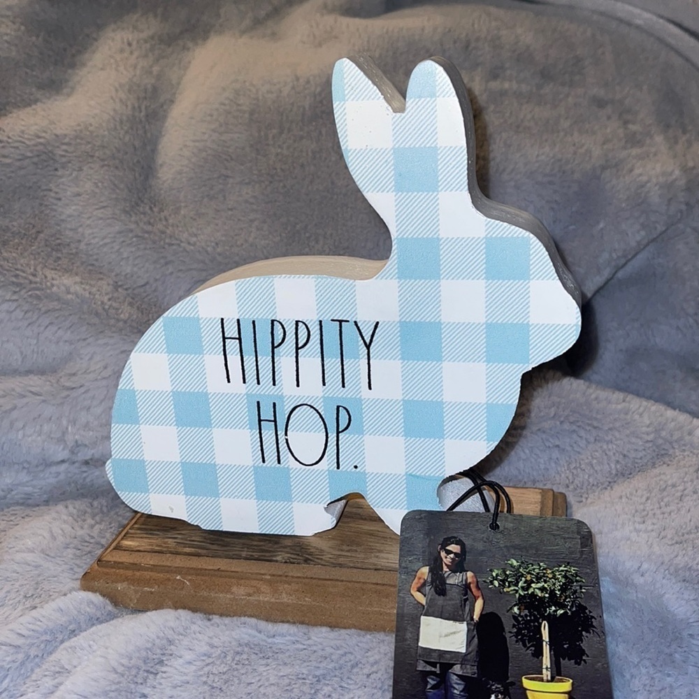 Rae Dunn “Hippity Hop.” Blue & White Gingham Bunny